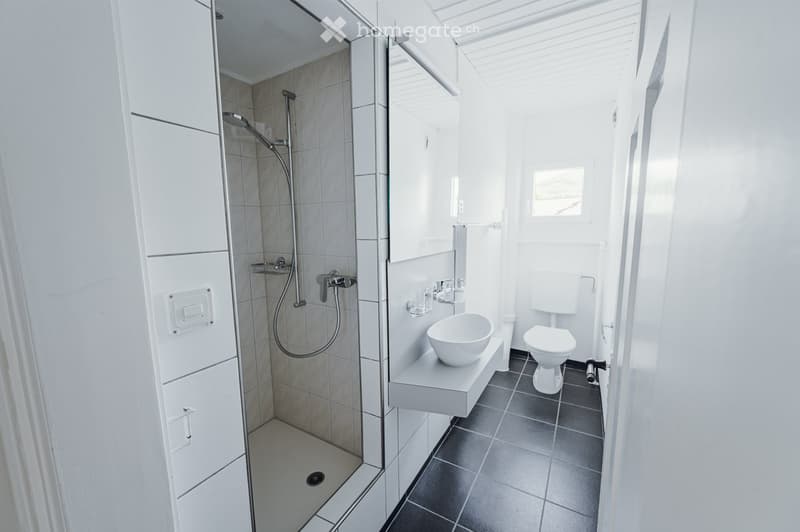 Bathroom. Modern bathroom with white tiles, shower, sink, toilet, and mirror.