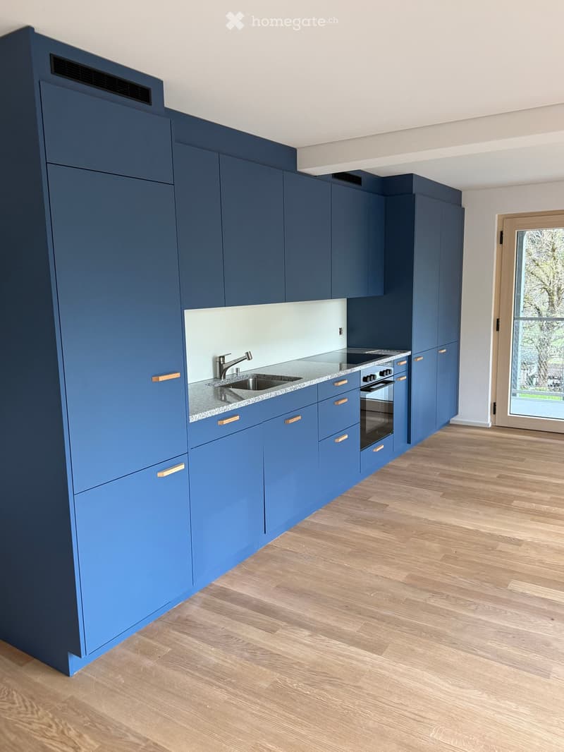 Modern kitchen with navy blue cabinets, granite countertop, stainless steel sink, and integrated oven.