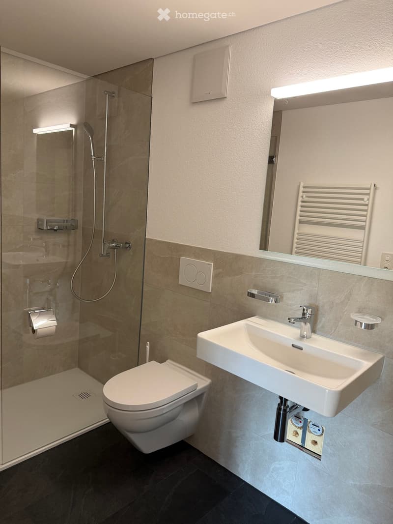 Modern bathroom with a glass shower enclosure, white toilet, and a white sink. The walls and floor are tiled in a light gray color.