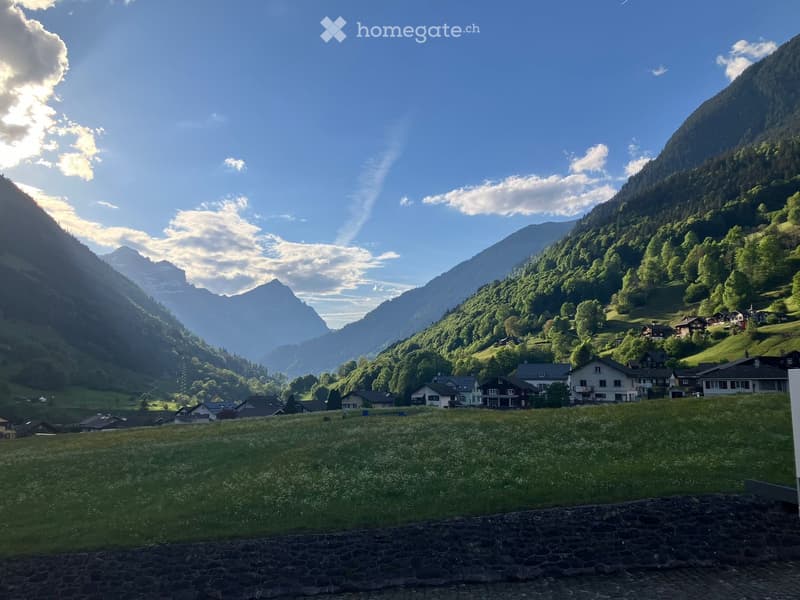 A picturesque alpine valley with scattered houses, lush green meadows, and towering mountains under a clear blue sky.