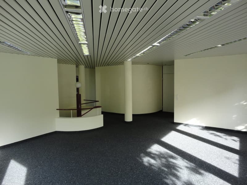 wide empty room with white walls and ceiling, black carpet flooring, white ceiling beams, central stairs, ceiling lamp