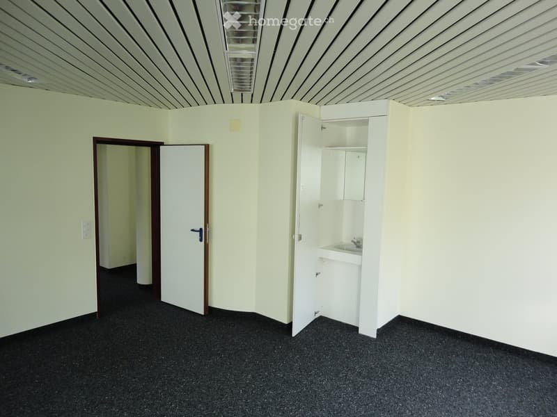 Empty room with white walls, black floor, open door, built-in closet, and sink