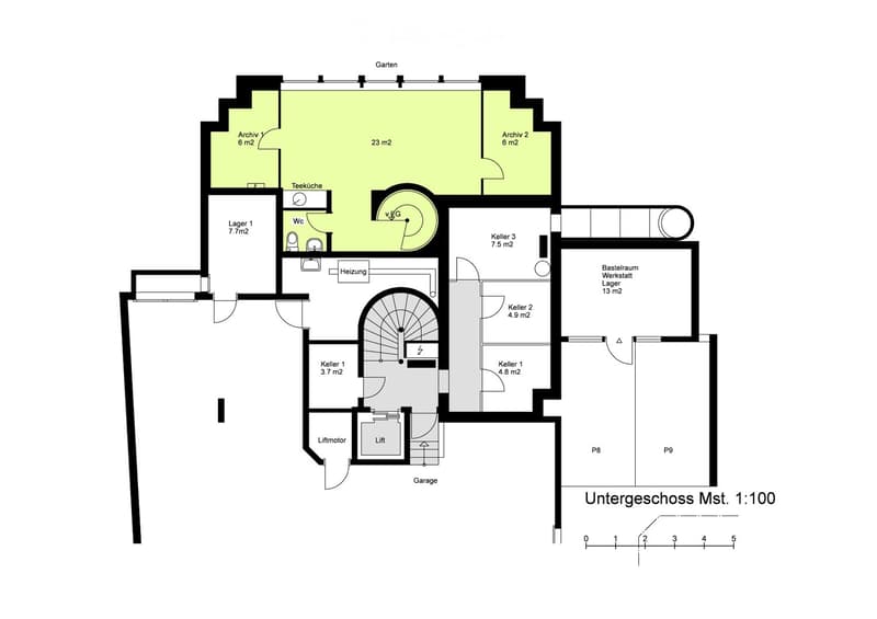 Living room, bedroom, kitchen, bathroom, terrace, archives, storage, cellar, workshop, lift, garage
