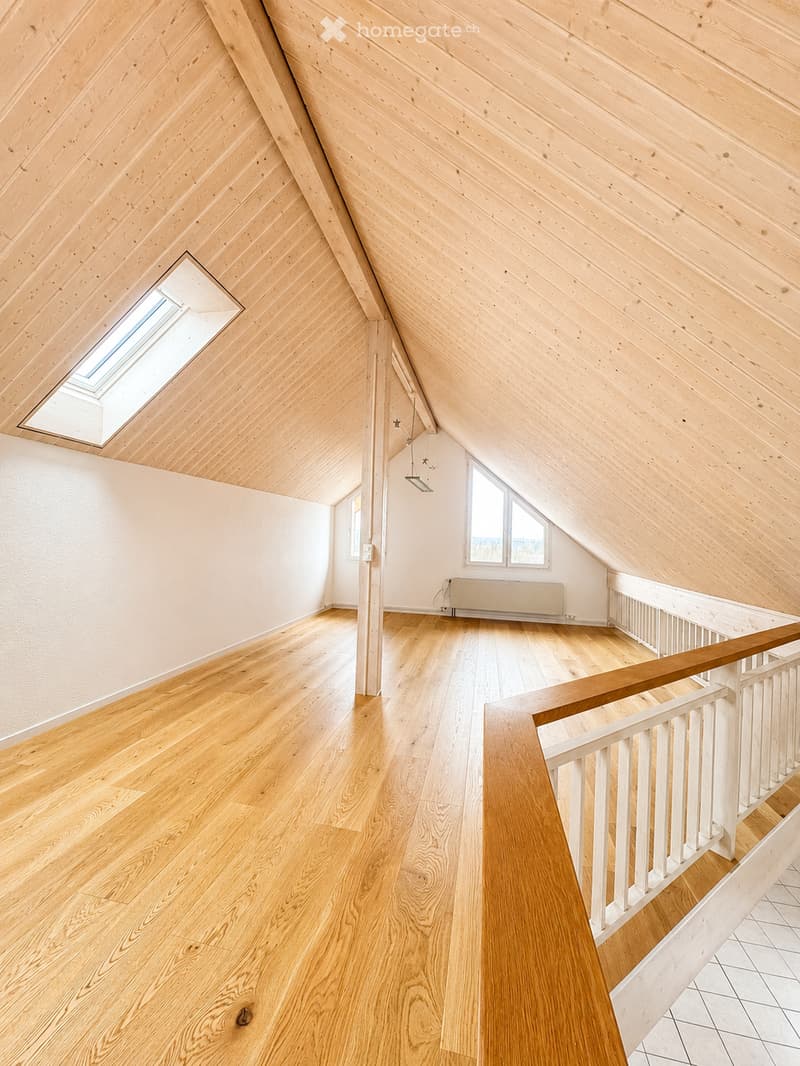 Bright, wooden-floored hallway with slanted wooden ceiling, skylight window, and staircase leading downwards.