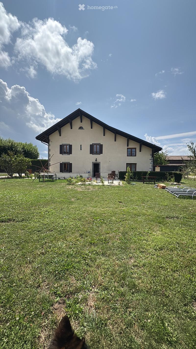 House. A large, two-story house with a black roof, white walls, and several windows. The house is surrounded by a well-maintained lawn and a small garden with a table and chairs. There is a windmill-like structure in the foreground.