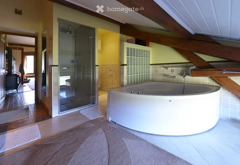 Bathroom. Bathroom with a large white bathtub, a glass shower enclosure, and a rug. There is a towel on the floor.