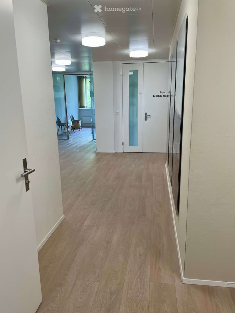 Clean, modern hallway with light wooden flooring, white walls, and recessed lighting. A door with a frosted glass panel is visible, leading to another room with chairs and a table.