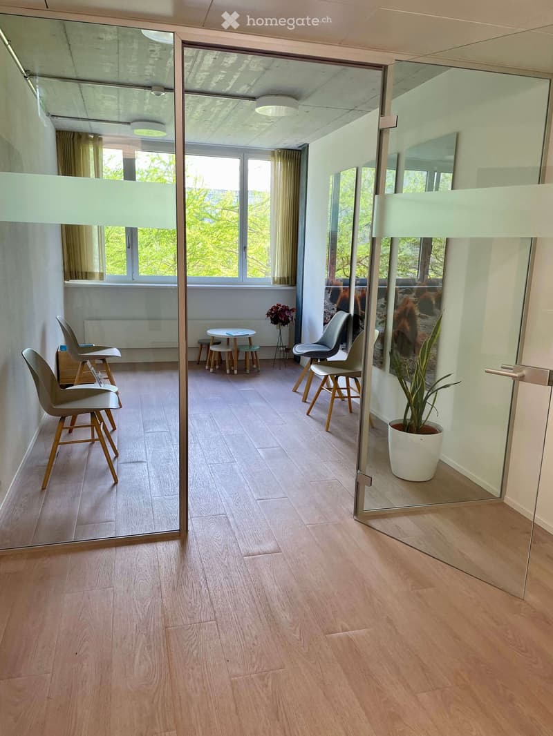 Modern, minimalist room with light wooden flooring, large windows, and glass partitions. Includes chairs, a small table, stools, and a potted plant.