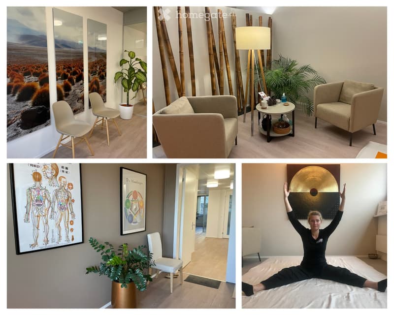 A collage of six images showcasing a modern, well-furnished room with a mix of minimalist and cozy elements. The room features a light-colored sofa, a small round table with a floor lamp, a potted plant, and a large mirror with a scenic desert landscape.