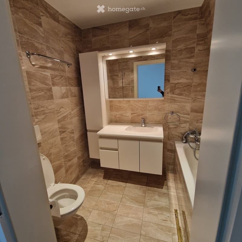 Bathroom with modern tiles, white sink, white bathtub, white toilet, cabinet, mirror with integrated lighting, towel rack, toilet paper holder