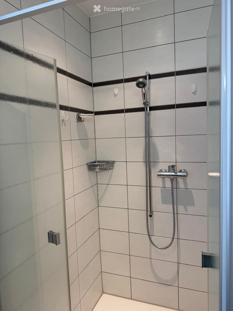 modern shower area with glass door, white tiles, shower head, soap dish, and faucet