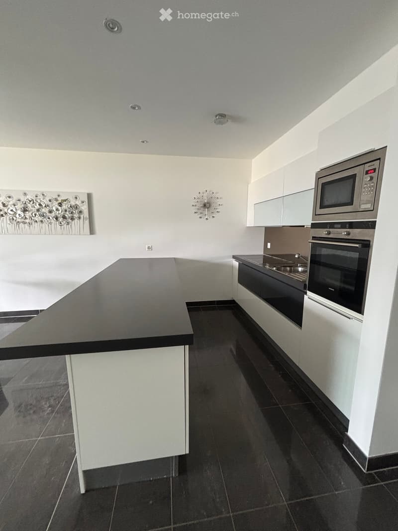 Modern kitchen with white cabinets, black countertop, stainless steel appliances, and dark tiled flooring.