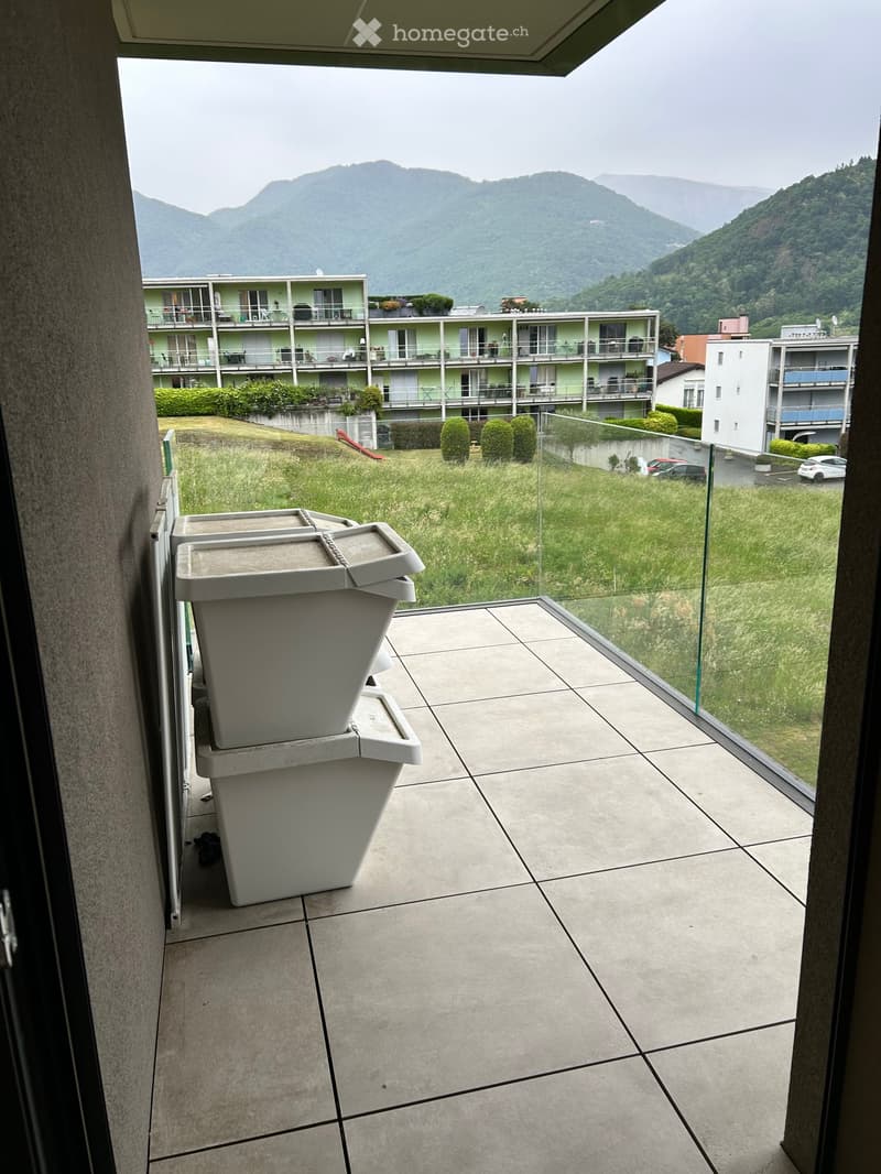 A balcony with a glass railing, overlooking a grassy field with mountains in the distance. There are three white trash bins on the balcony.