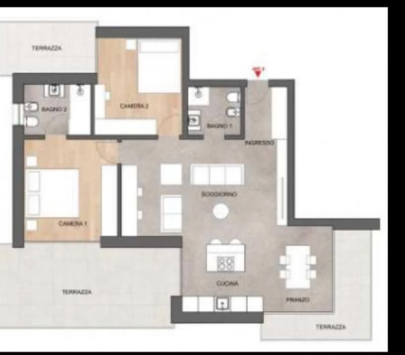 Floor plan showing a living room, kitchen, two bedrooms, two bathrooms, and a terrace.