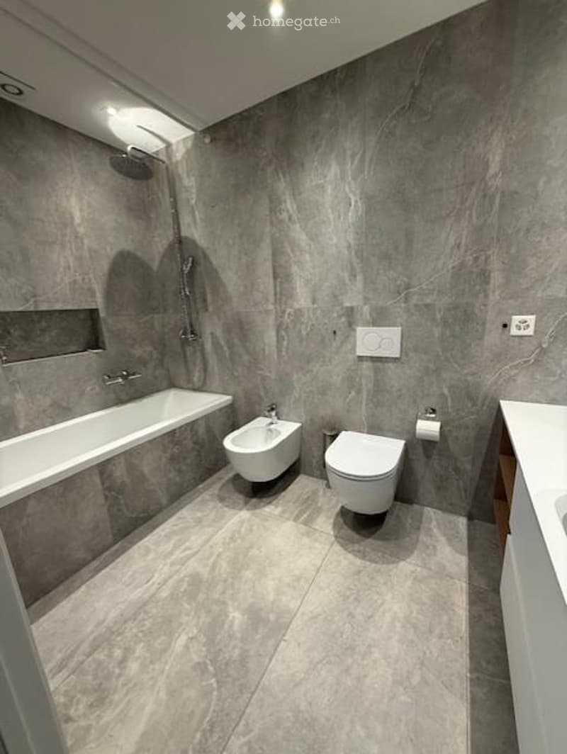 Bathroom. Modern bathroom with gray marble walls, a bathtub, bidet, toilet, and a sink. The shower head is mounted on the wall.