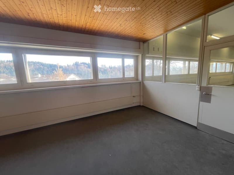 Large room with wooden ceiling, empty, gray flooring, large windows, with view of outdoors