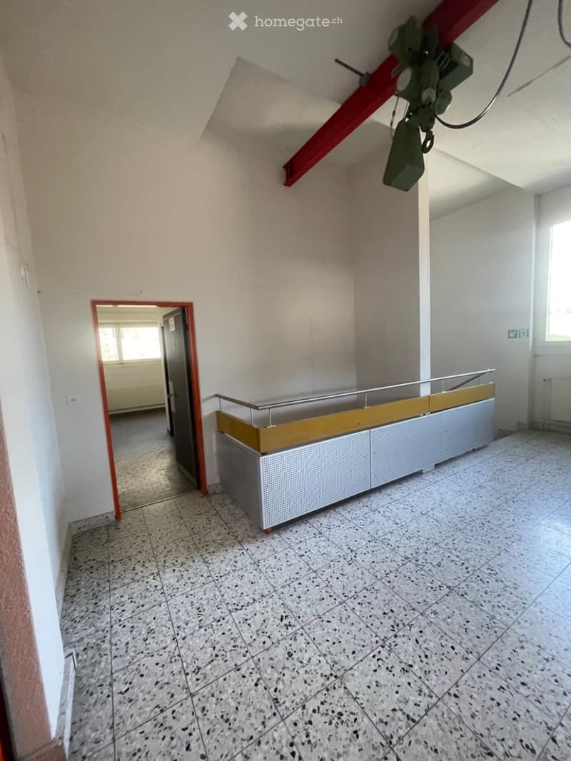 empty room, marble tiles, white walls, metal railing, doorway, window