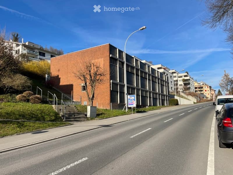 Building has brick facade, several floors, street on the front, staircase on the left side, plants and trees