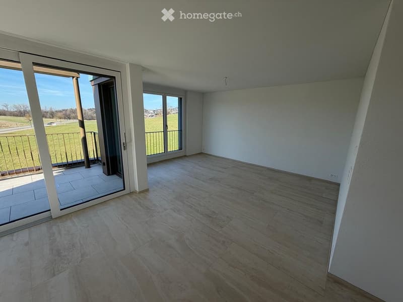 Empty room with wooden flooring, white walls, and large glass doors leading to a balcony with a metal railing. The room has a view of a grassy field.