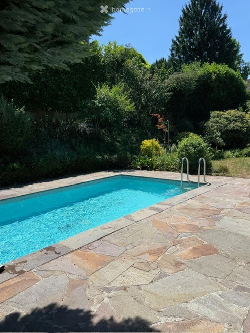 A rectangular swimming pool with clear blue water, surrounded by a stone-paved area and lush greenery.