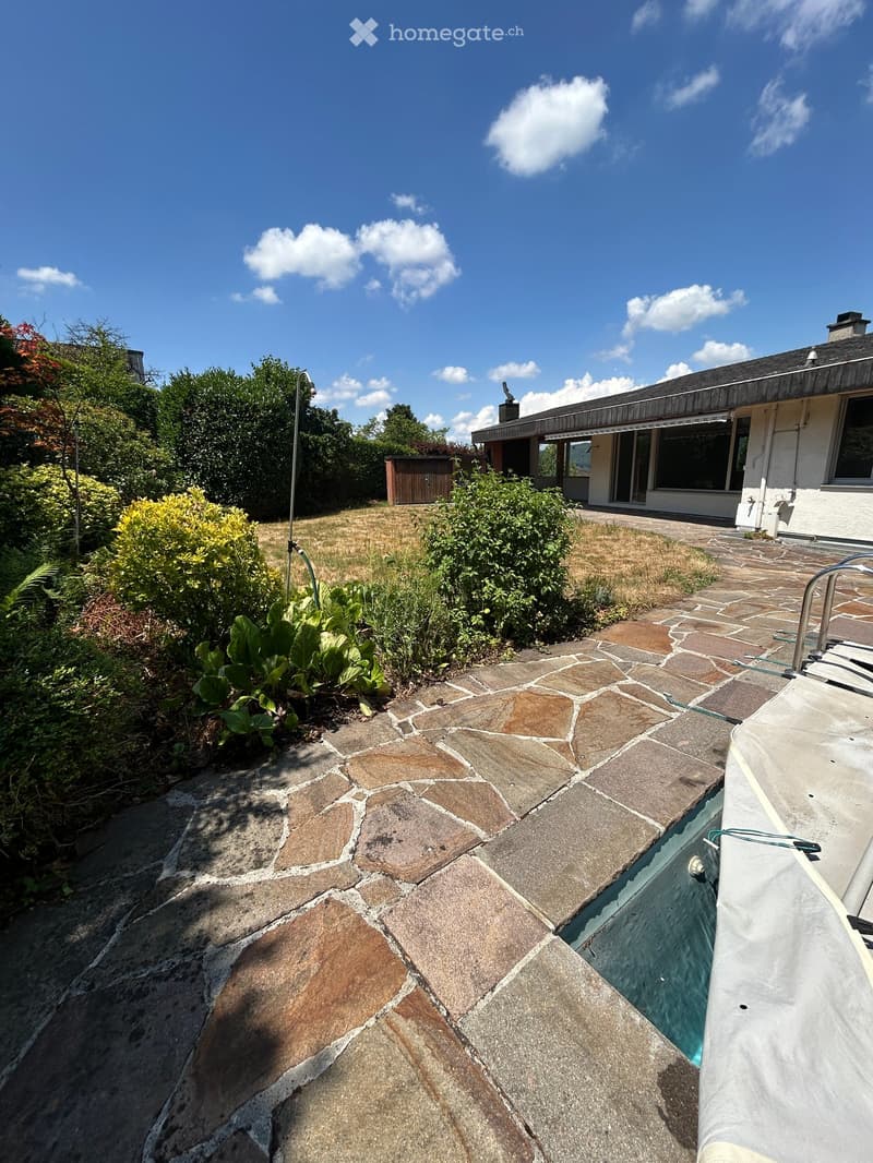Garden area with a swimming pool, stone-paved ground, surrounding greenery, and a modern house in the background.