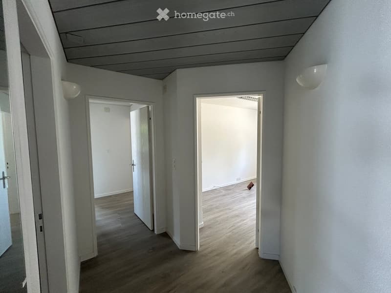 Empty hallway with light-colored walls, wooden flooring, and two open doors leading to adjacent rooms.