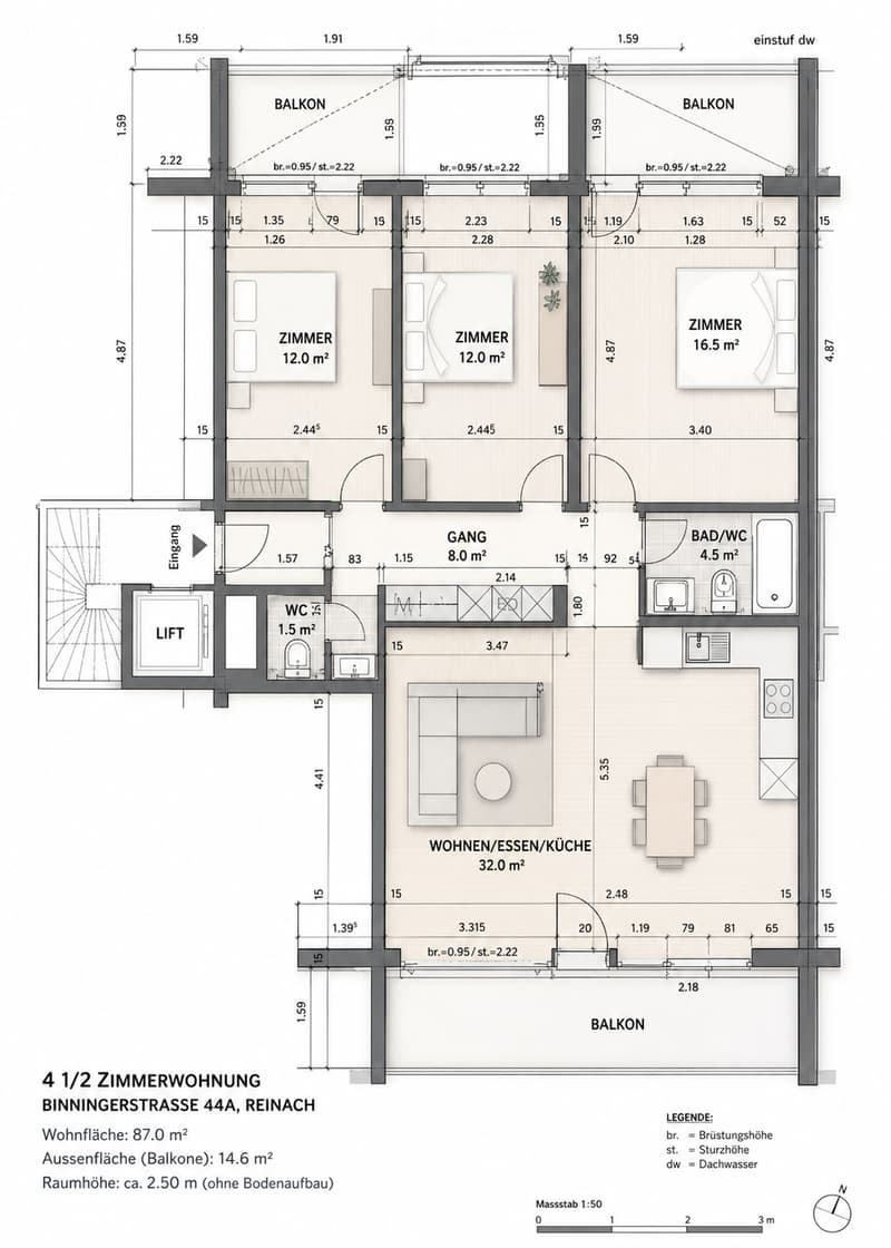 Floor Plan. Floor plan of a 4 1/2 room apartment with living/dining/kitchen area, 2 bedrooms, and a balcony.