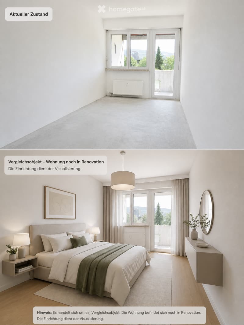Furnished Room. A bedroom with a bed, nightstands, lamps, and a mirror. The room has a modern and clean design.