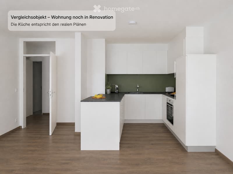 Kitchen. Modern kitchen with white cabinets, granite countertop, green backsplash, and stainless steel appliances.
