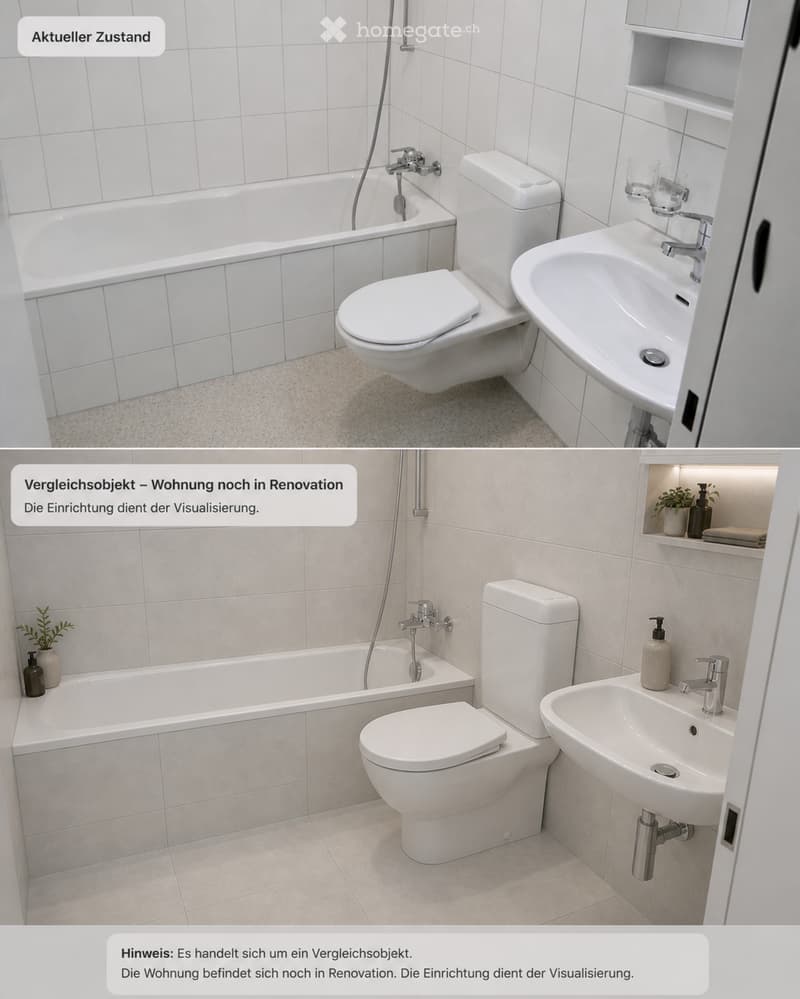 Bathroom. Bathroom with white tiles, bathtub, toilet, sink, and shower head. The sink has a soap dispenser and a plant on the shelf. The image shows a comparison with a renovated bathroom for visualization.