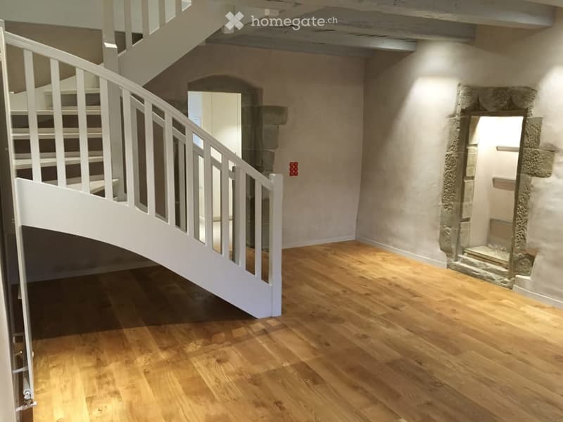 staircase, wooden floor, large room, door to basement