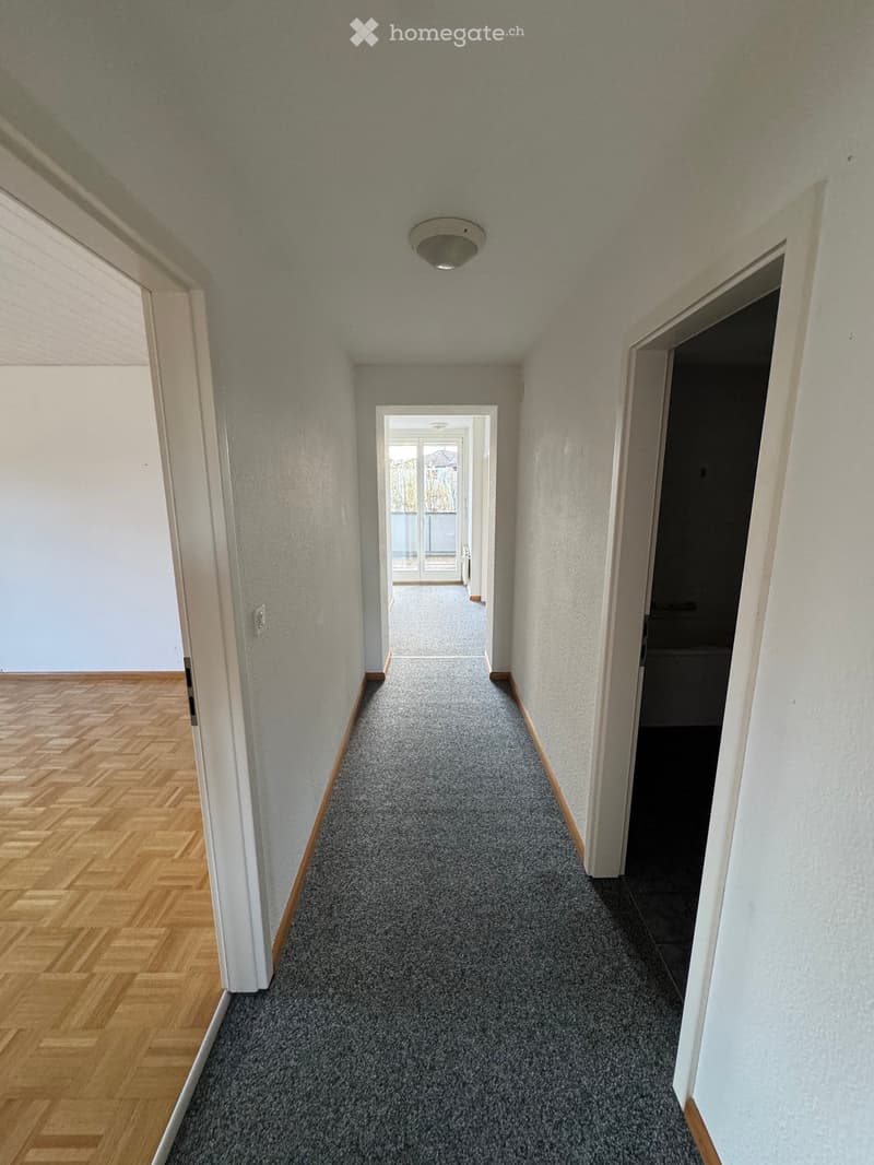 Empty hallway with white walls, wooden floor on the left, and gray carpet on the right.