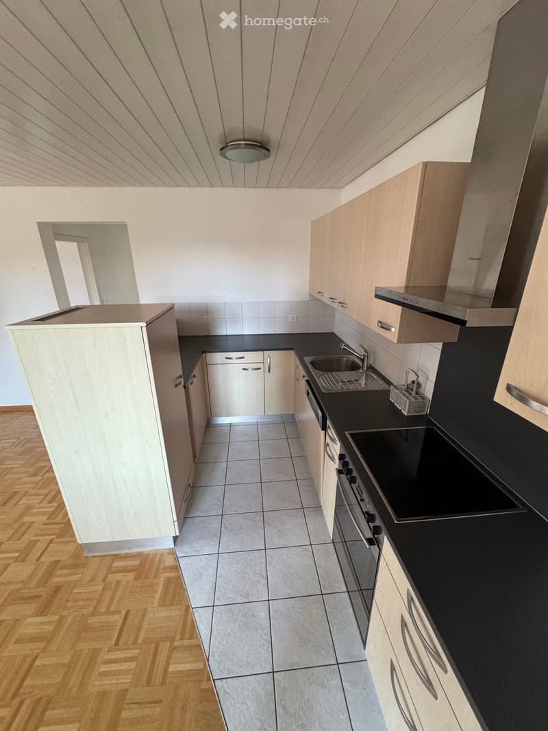 Modern kitchen with wooden cabinets, black countertops, stainless steel sink, and appliances.