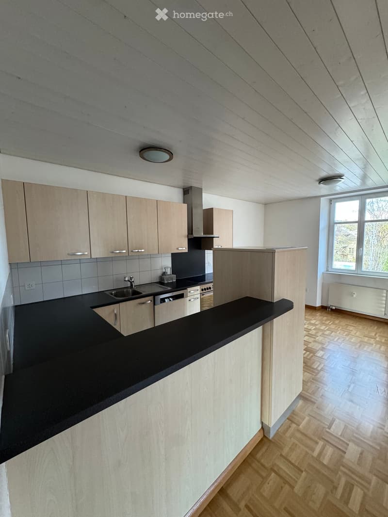 Modern kitchen with wooden cabinets, black countertops, and a stainless steel sink.