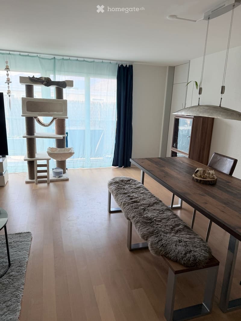 Dining room with wooden table, bench, cat tree, and large windows