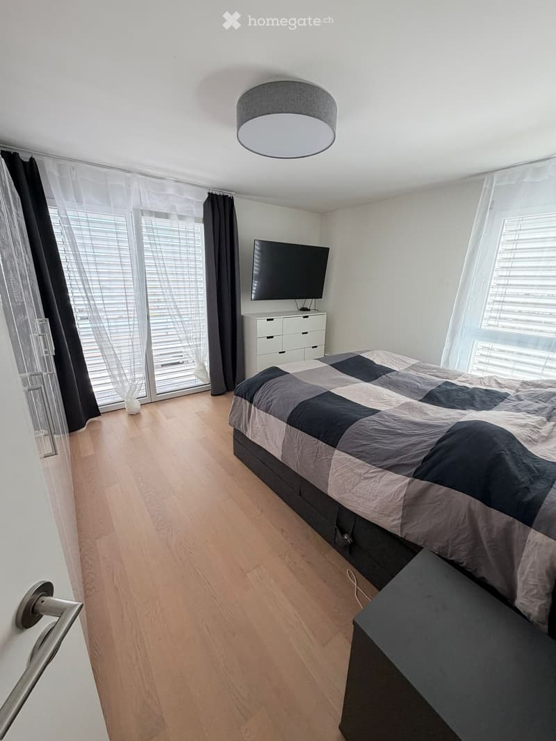 Bedroom with bed, TV, cabinet, and windows with curtains