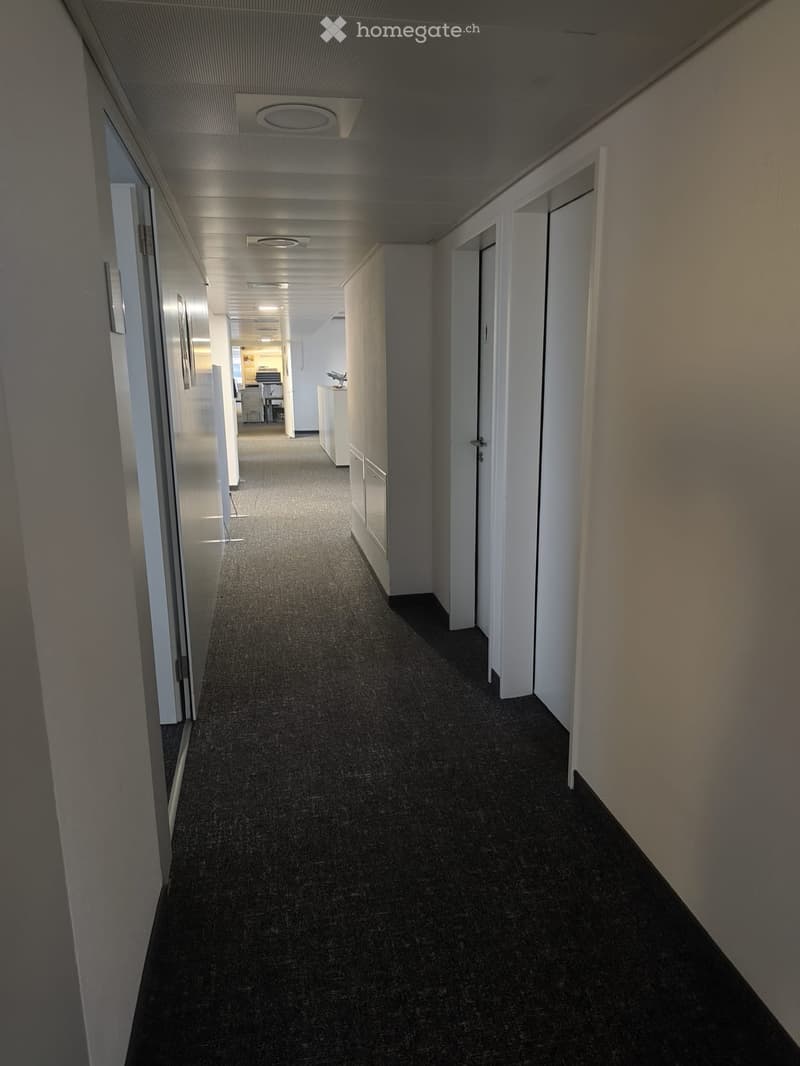 empty hallway with offices on either side, white walls, white ceiling, dark flooring