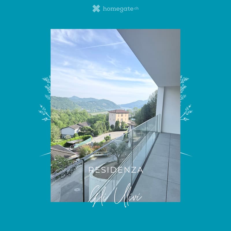 Balcony / Terrace. A balcony with a glass railing, offering a view of a road, houses, and mountains.