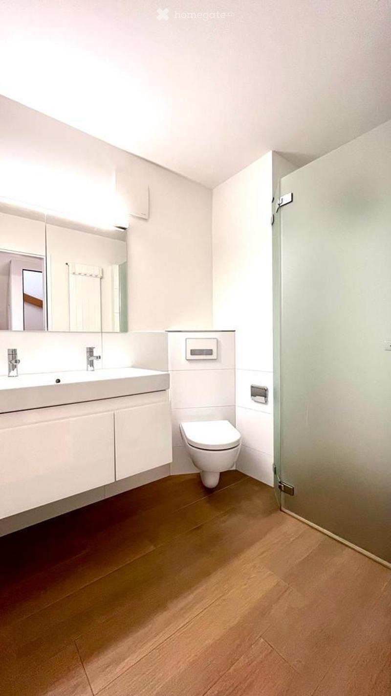 Modern bathroom with white walls, wooden floor, and white fixtures. Features a mirror, sink, toilet, and shower door.