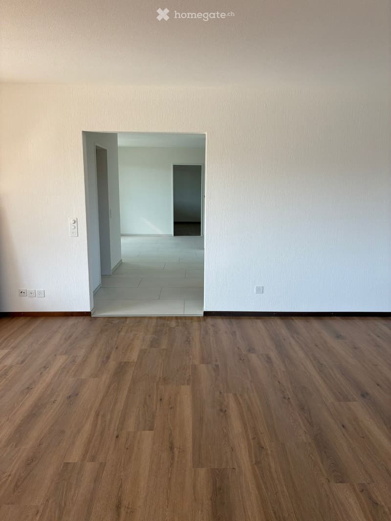Empty room with wooden floor, white walls, and white ceiling. Two doors leading to other rooms.