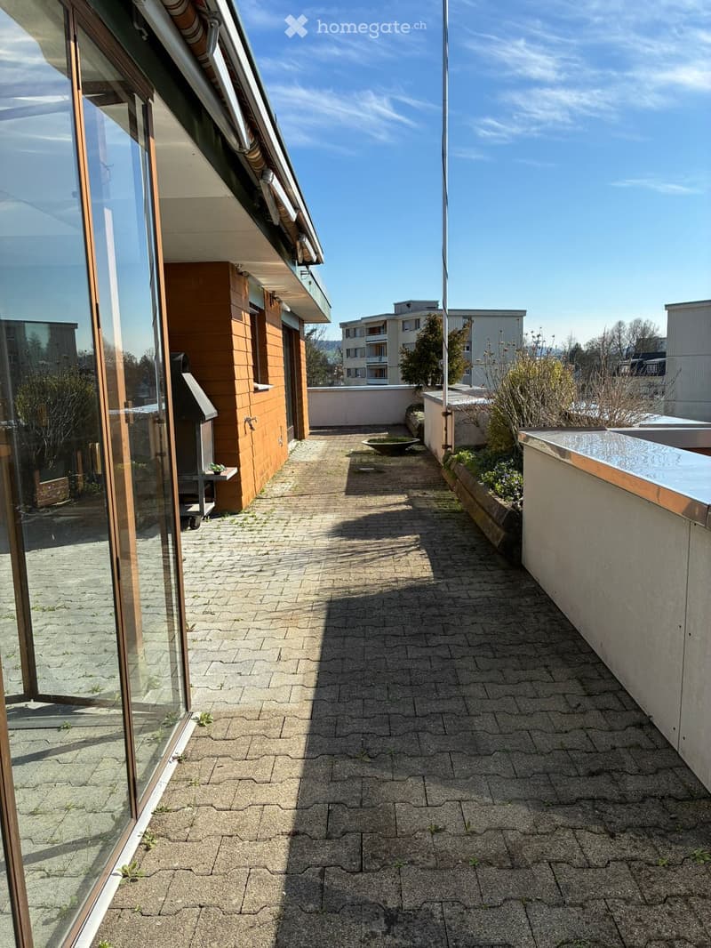 Outdoor brick pathway, glass doors, metal railing, plants, distant buildings