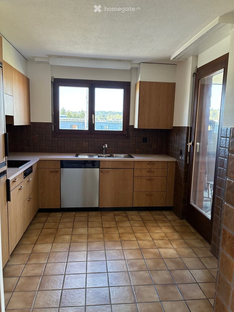 modern kitchen with wooden cabinets, tiled floor, double sink, dishwasher, gas stove, window