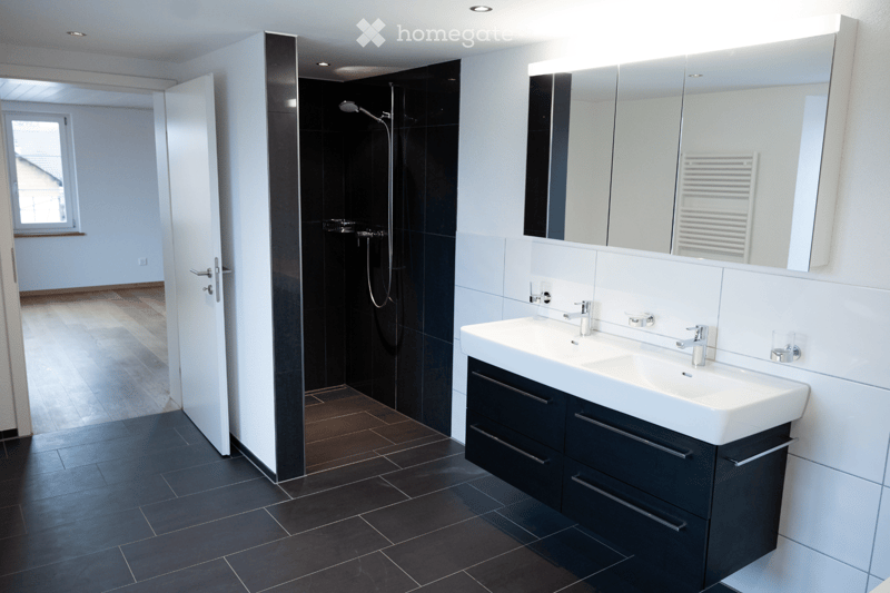 Modern bathroom with black tiled floor, white walls, and a large mirror. Features a shower area, double sink, and a cabinet with drawers.