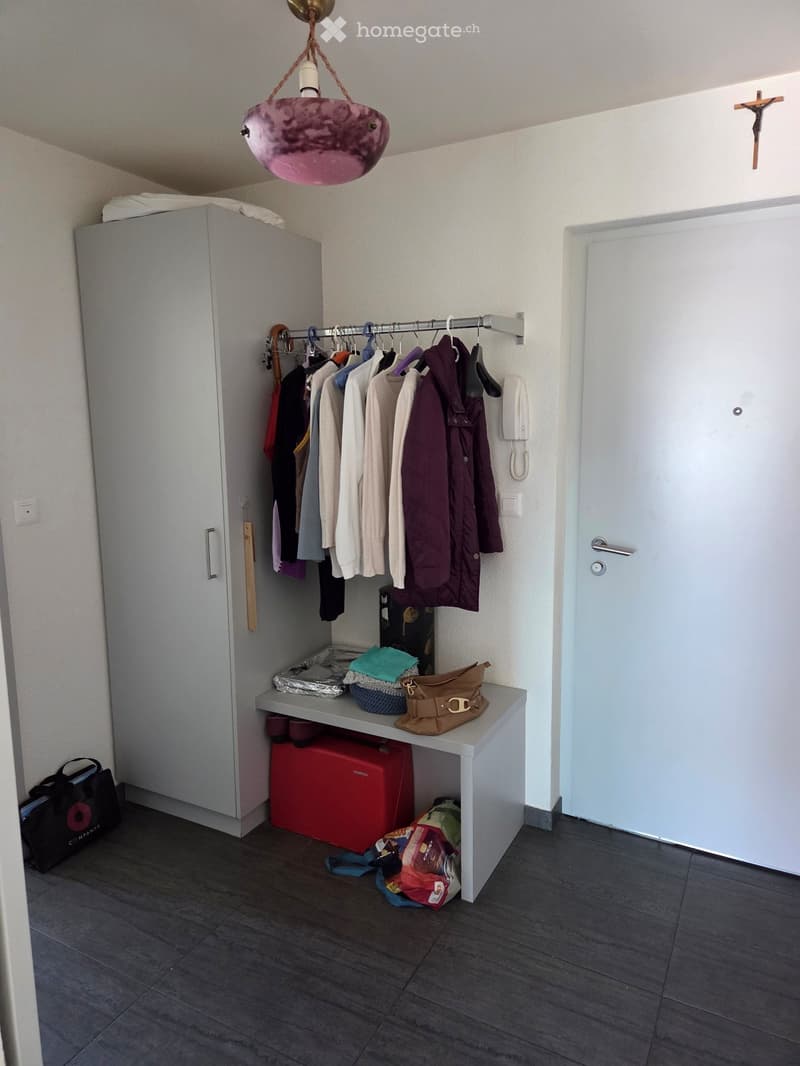 Furnished Room. A small, furnished hallway with a wardrobe, coat rack, table, handbag, refrigerator, basket, telephone, cross, and lamp.