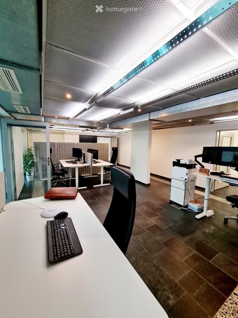 Modern office space with desks, chairs, computers, and a printer. Features a sleek design with glass partitions and a plant in the corner.