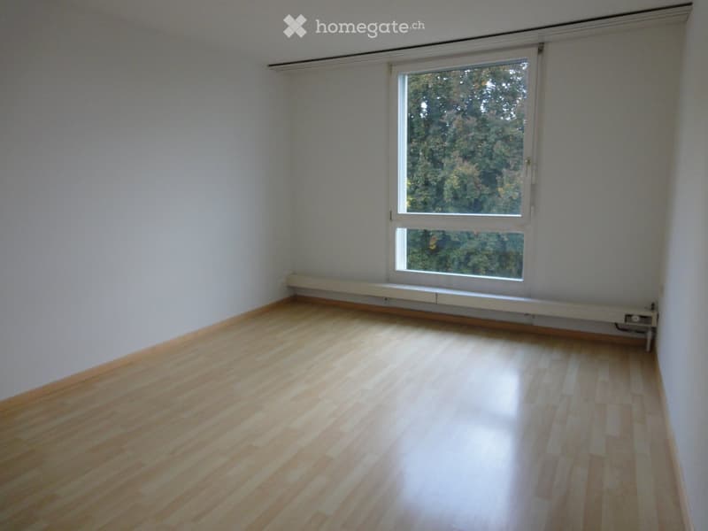 Unfurnished Room. Empty room with light wooden flooring and white walls, featuring a large window with a view of greenery outside.