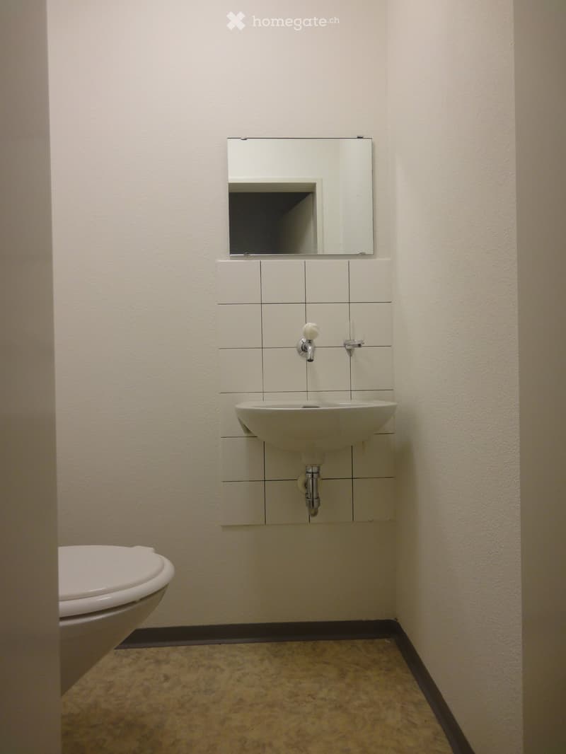 Bathroom. Modern bathroom with white tiled walls, a white sink, a mirror, and a toilet. The floor is covered with a patterned tile.