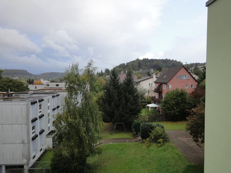 Garden / Outdoor Area. View from a balcony showing a well-maintained garden area with grass, trees, and surrounding residential buildings.