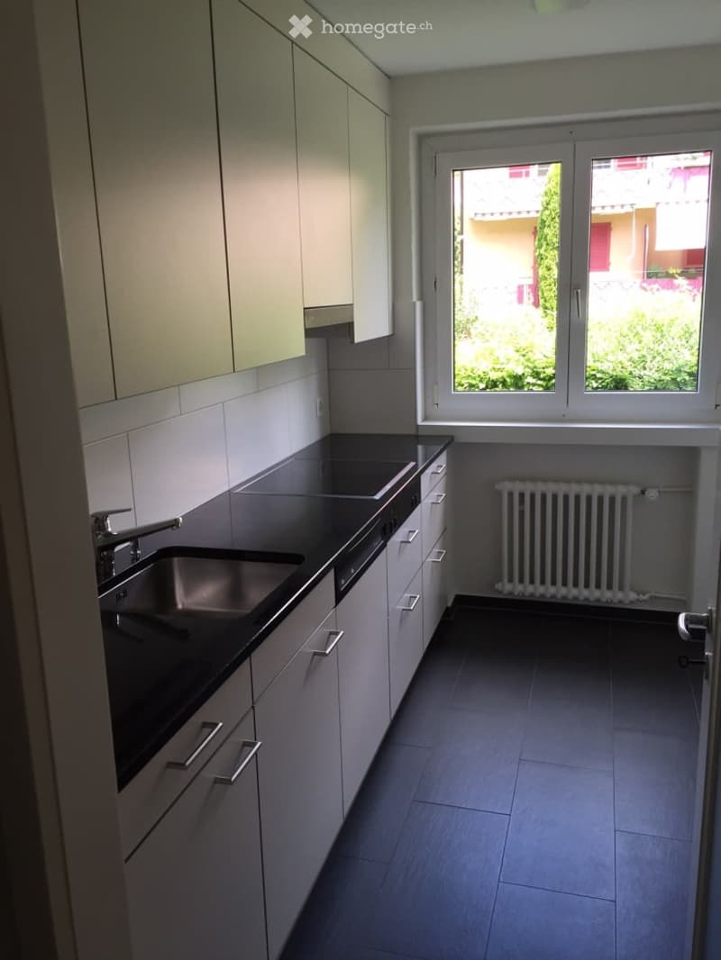 Modern kitchen with white cabinets, black countertops, a sink, and a radiator. Large windows provide natural light.