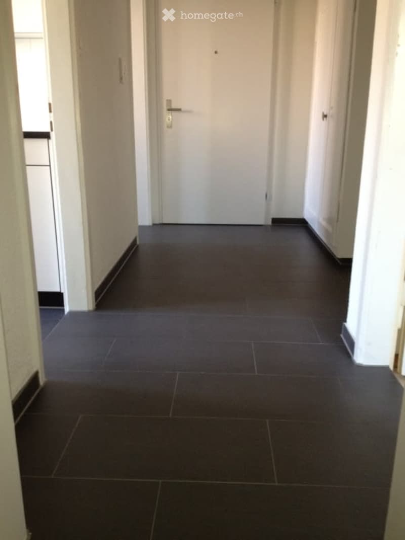 A clean, narrow hallway with dark tiled flooring and white walls. A closed white door is visible at the end, with a small window on the left side.
